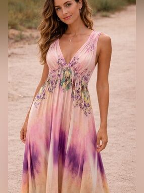 ONE WORLD Pink & Purple Floral V-Neck Maxi Dress size M
